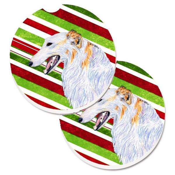 Carolines Treasures Borzoi Candy Cane Holiday Christmas Set of 2 Cup Holder Car Coaster SS4544CARC - main